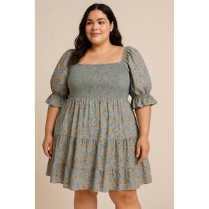 Baltic Born Smocked Floral Puff Sleeve‎ Tiered Dress Blue Yellow 3XL Cottage NWT